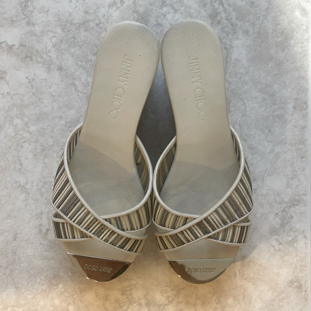 Jimmy Choo Cream Leather and Mesh Prima Cork Wedge Sandals